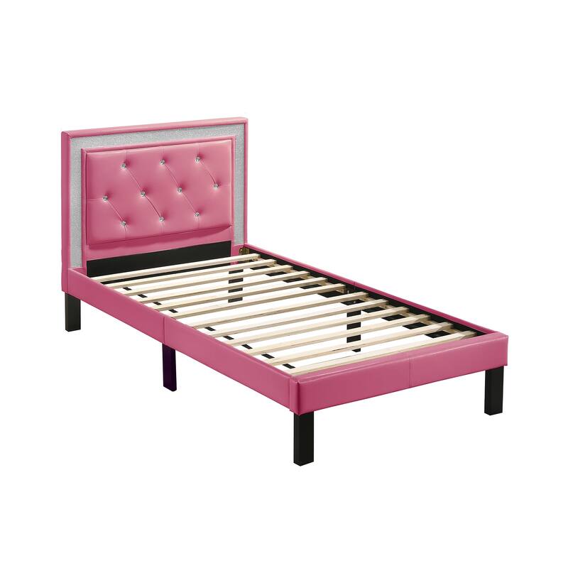 Pink Faux Leather Full Size Bed with Tufted Diamond Headboard & Wooden Legs - Modern Bedroom Furniture