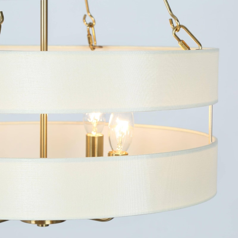 Malury Mid-century Modern 4-Light Brass Gold Drum Chandelier Fabric Shaded Foyer Pendant Lights - D17" x H30"