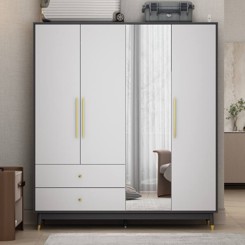 Wooden 2 Drawers 4 Doors Wardrobe Armoire With Mirror (Gray/Black)