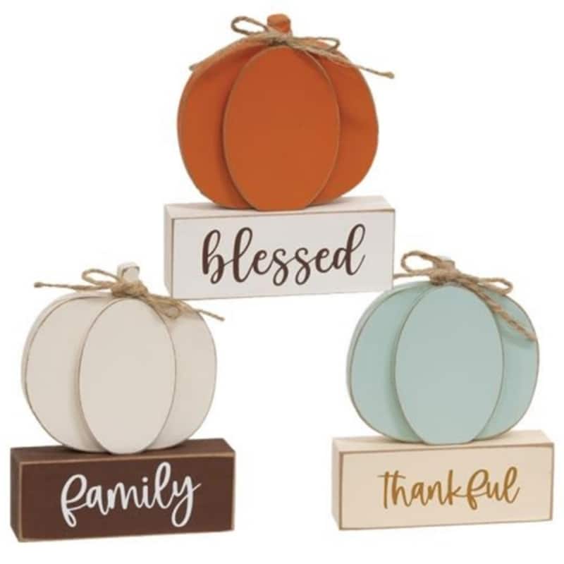 Thankful Family Blessed Pumpkin on Base 3 Asstd. - 4" x 1" x 5" - Multi