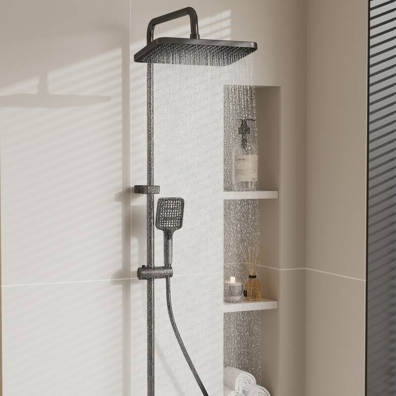 Shower System with LED Temperature Display, 4 Function Piano Button Shower Panel with Rainfall Shower Head, Handheld Shower