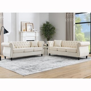 2-Piece Chesterfield Velvet Button-tufted Upholstered 3-Seater Sofa Set ...