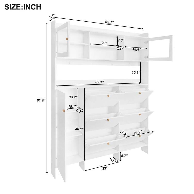 Multifunctional Large Hall Tree with Tempered Glass Doors,Storage Shelf,6 Flip Shoe Drawers and 4 Hooks