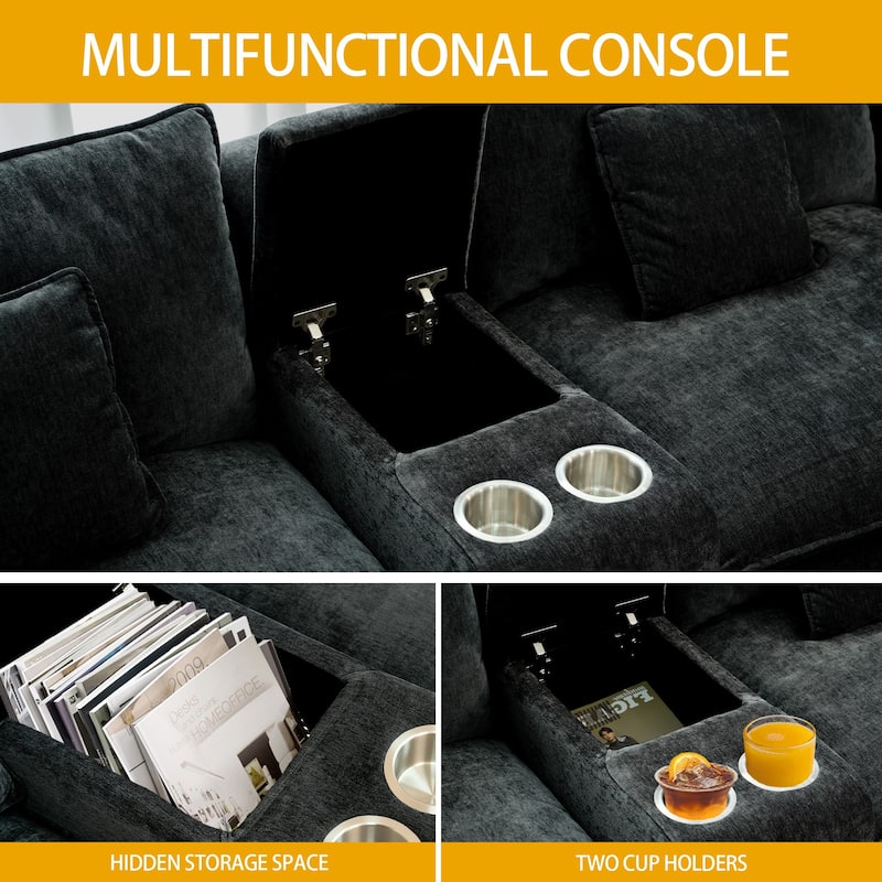 GDFStudio - Rei American Design 144" U-Shaped Comfy Fluffy Chenille Modular Sofa with Movable Ottoman & Storage