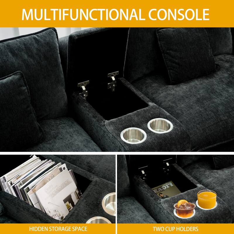Modular U-shaped Sectional Sofa with Chaise, Chenille Upholstered Couch, Armrest Console with Cup Holders and Hidden Storage