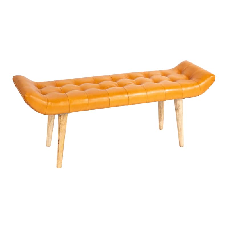 Wood and Goat Leather Bench - Brown