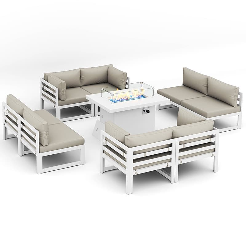 FINCATI 9-piece Extra-large Luxury Aluminum Patio Furniture Set with Deep Seating and Convertible 43'' Fire Pit Table
