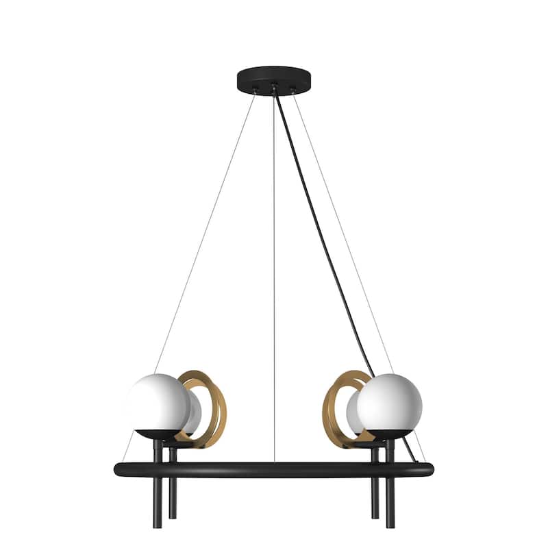 EVOLV Fusion Halo 4-Light Matte Black with Brass Ring Chandelier with Opal Glass