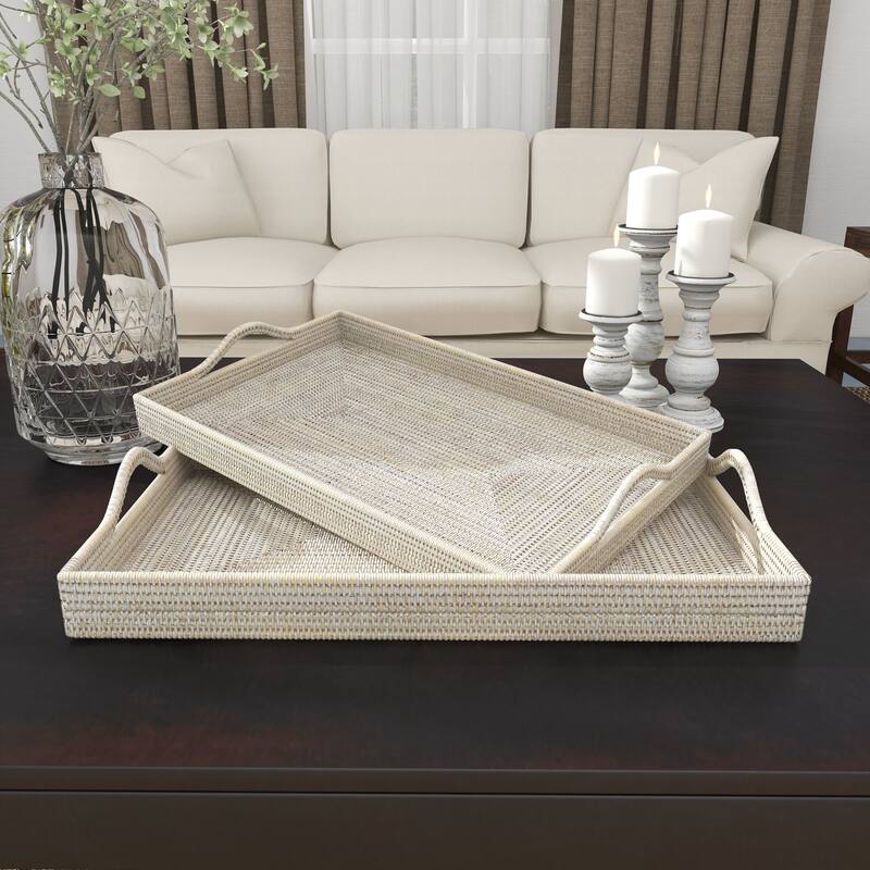 Cream or Brown Rattan Tray (Set of 2) - 26 x 16 x 3