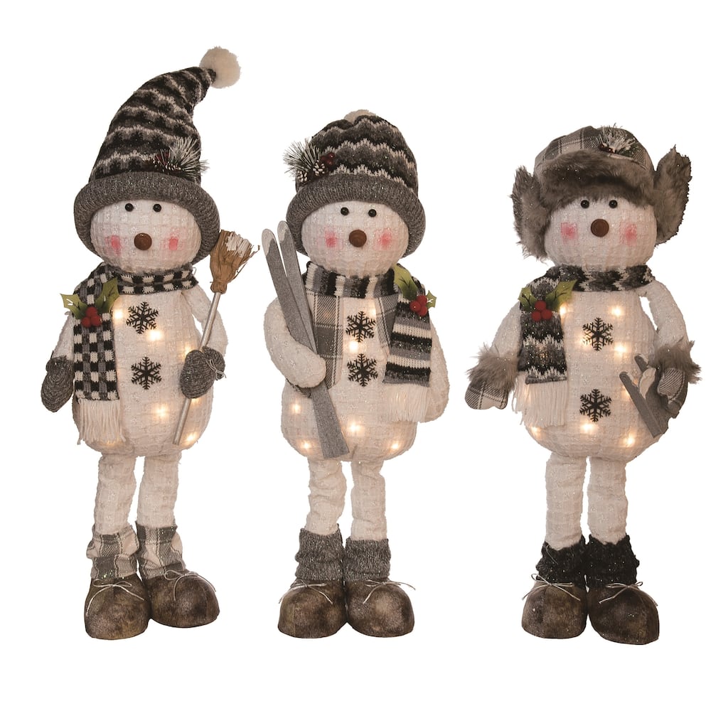 Transpac Plush Light Up Rustic Snowman Set of 3 Christmas Home Decorations - Multicolor