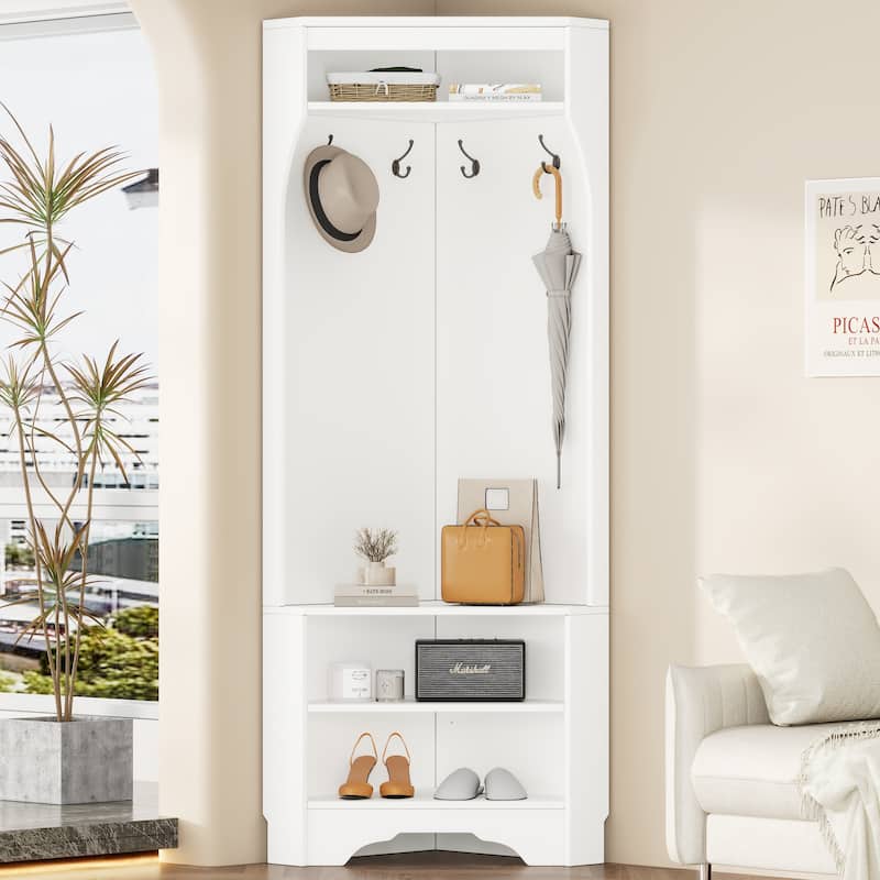 Minimalist Corner Hall Tree with Shoe Bench & 4 Hooks - Versatile Entryway Coat Rack & Adjustable Shelf Cabinet - White