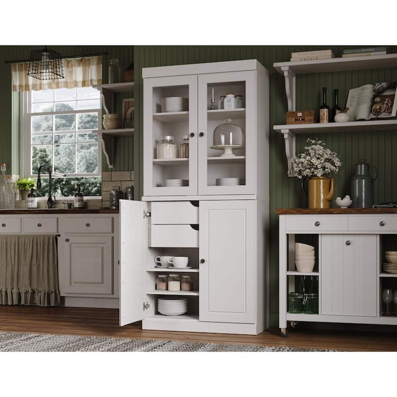 Palace Imports 100% Solid Wood Pantry Cabinet with Frosted, Clear Glass or Solid Doors, 2-Drawers and Adjustable Shelves - White - Clear Glass-Solid