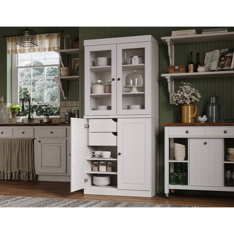 Palace Imports Solid Wood Pantry Cabinet, Raised Panel & Clear Glass Doors, 2 Drawers, Adjustable Shelves - White