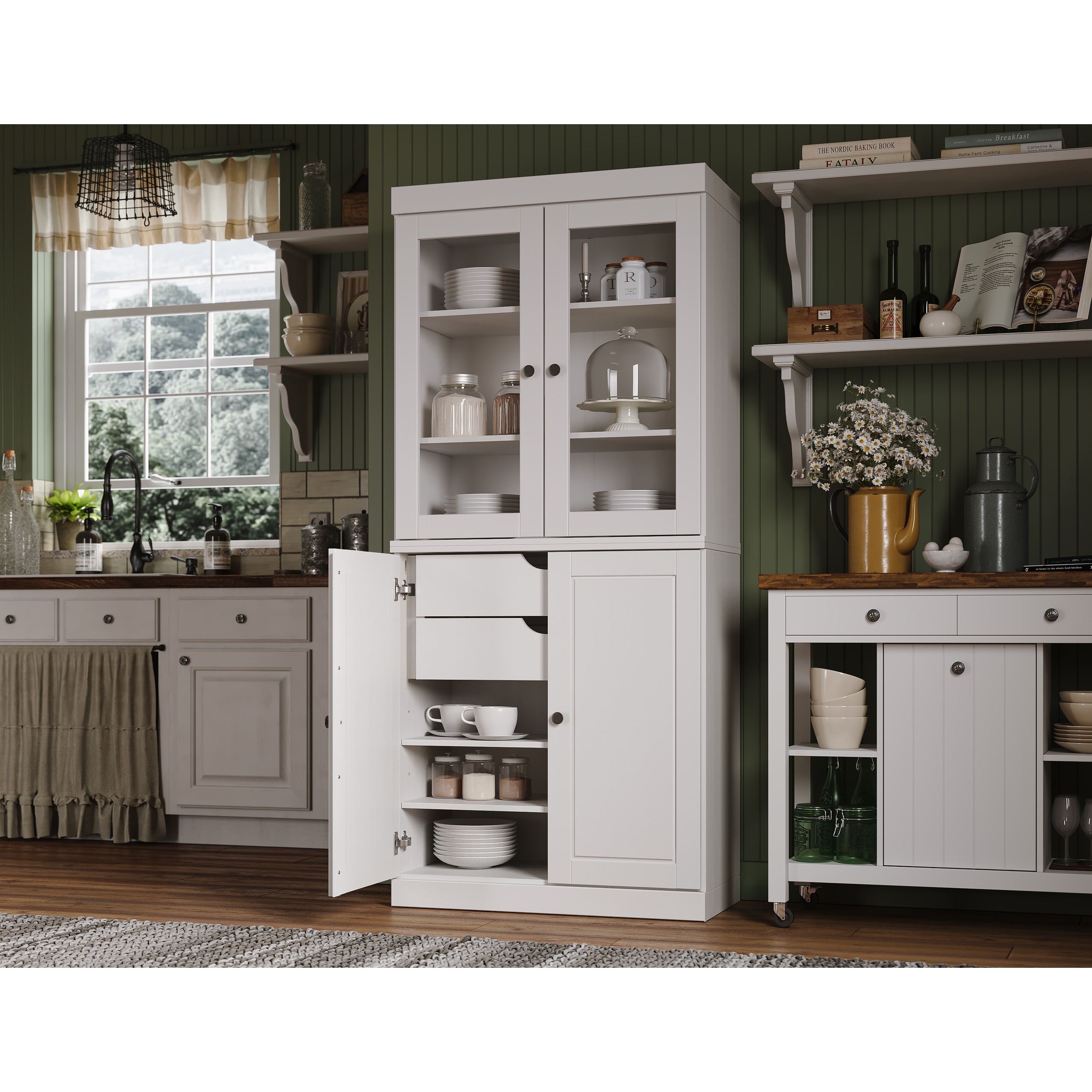 Palace Imports 100% Solid Wood Tall Clear Glass & Raised Panel Pantry Cabinet with 2 Drawers, 32" W x 71.5" H