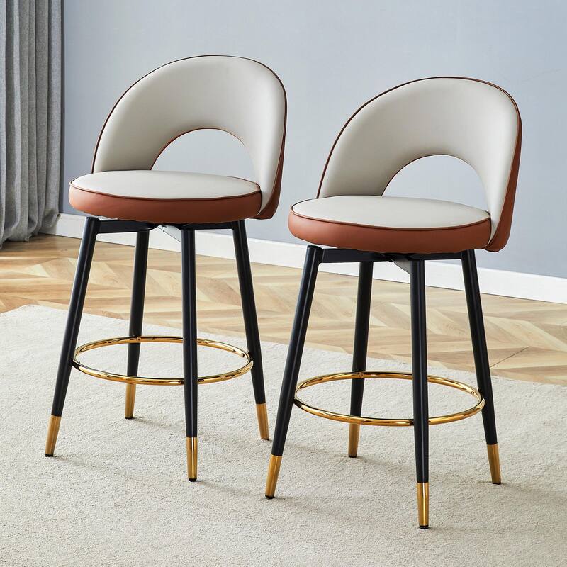 360° Rotatable Bar Chair with Modern PU Upholstery and Metal Legs - Brown+Black,Light Gray