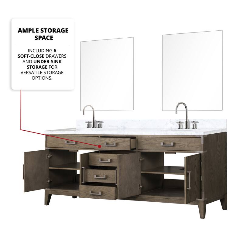 Lexora Laurel Bath Vanity, Carrara Marble Top, Faucet Set, and Mirror