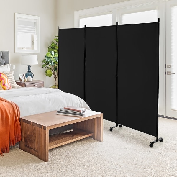 3-Panel Folding Room Divider Rolling Privacy Screen w/ Lockable Wheels ...