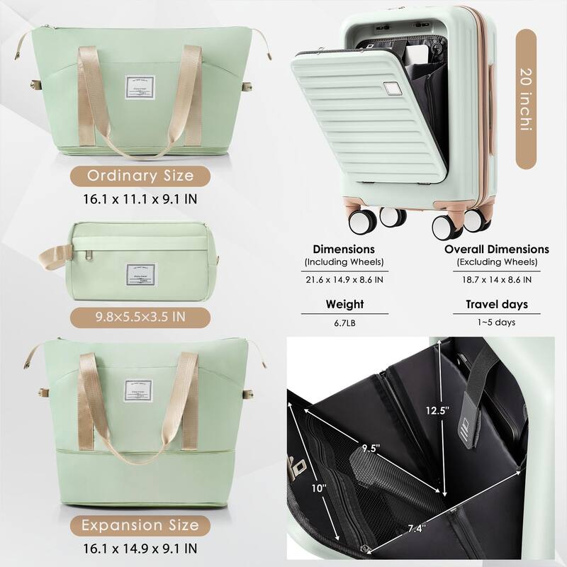 4-Piece Luggage Set with USB Charging Ports - 20in Carry-On (Front-Opening for Laptop) 28in Checked Suitcase with TSA Lock