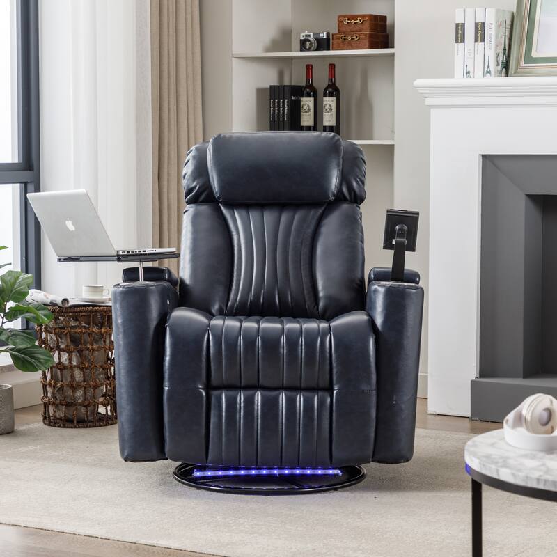 270° Power Swivel Recliner,Home Theater Seating With Hidden Arm Storage and LED Light Strip,Cup Holder