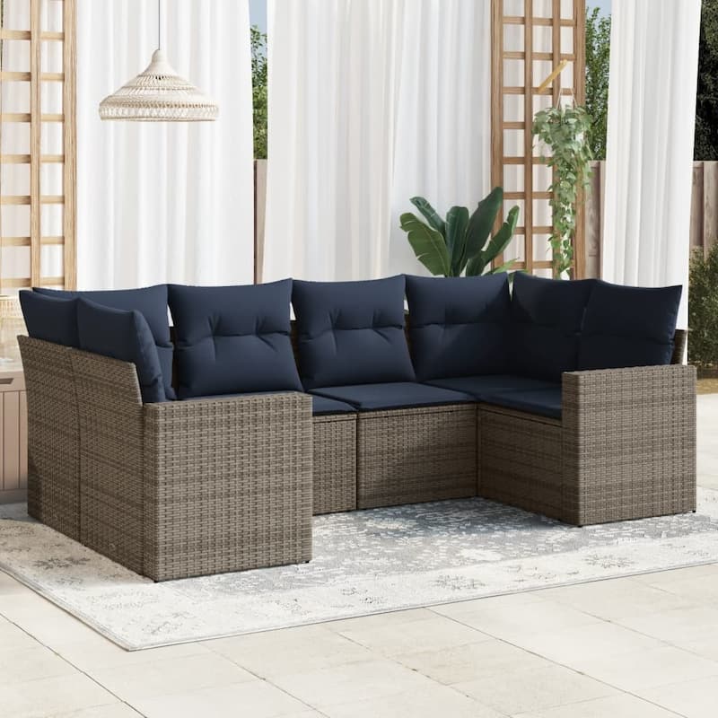 vidaXL Patio Sofa Set with Cushions Outdoor Furniture 6 Piece Poly Rattan - 25.8" x 24.4" x 27.2" - Beige and gray