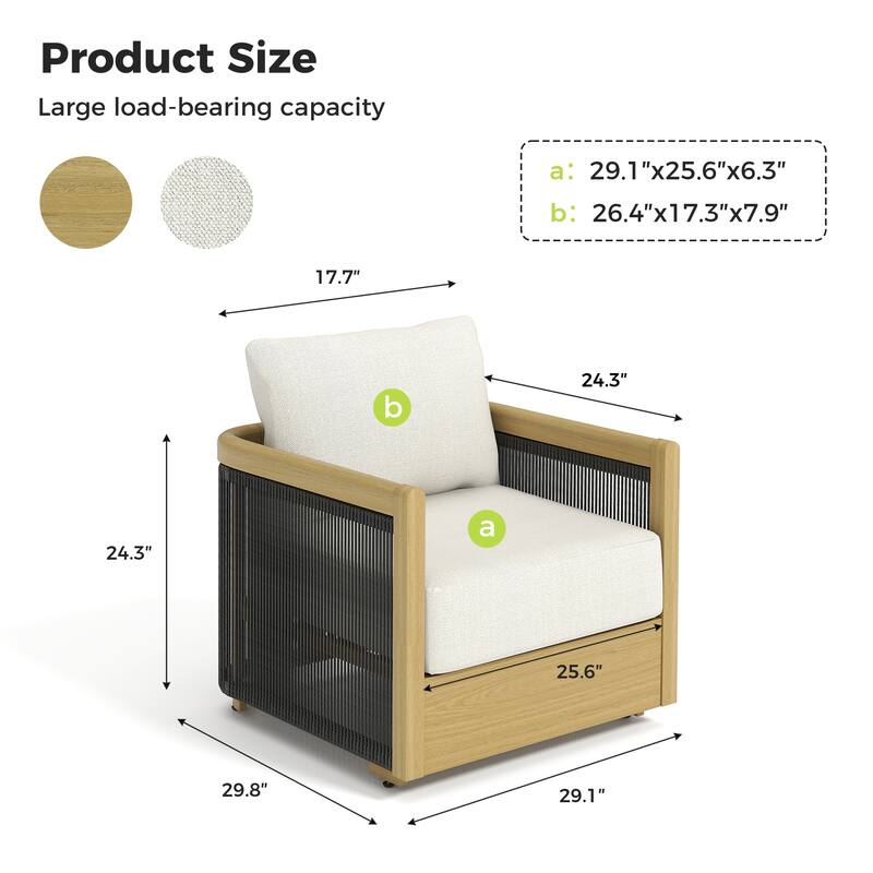 Overture 1-Piece Natural Wood Grain Aluminum Hand-Woven Rope Patio Sofa Chair with Beige Cushions