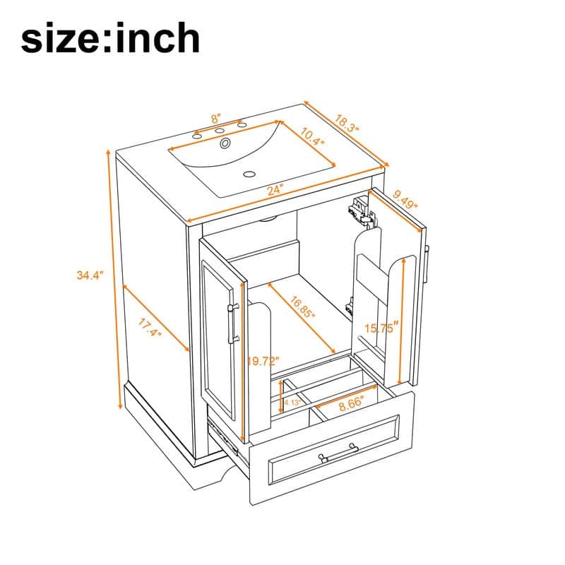 24" Bathroom Vanity with Sink, 1 Divided Drawer and 2 Soft Close Doors