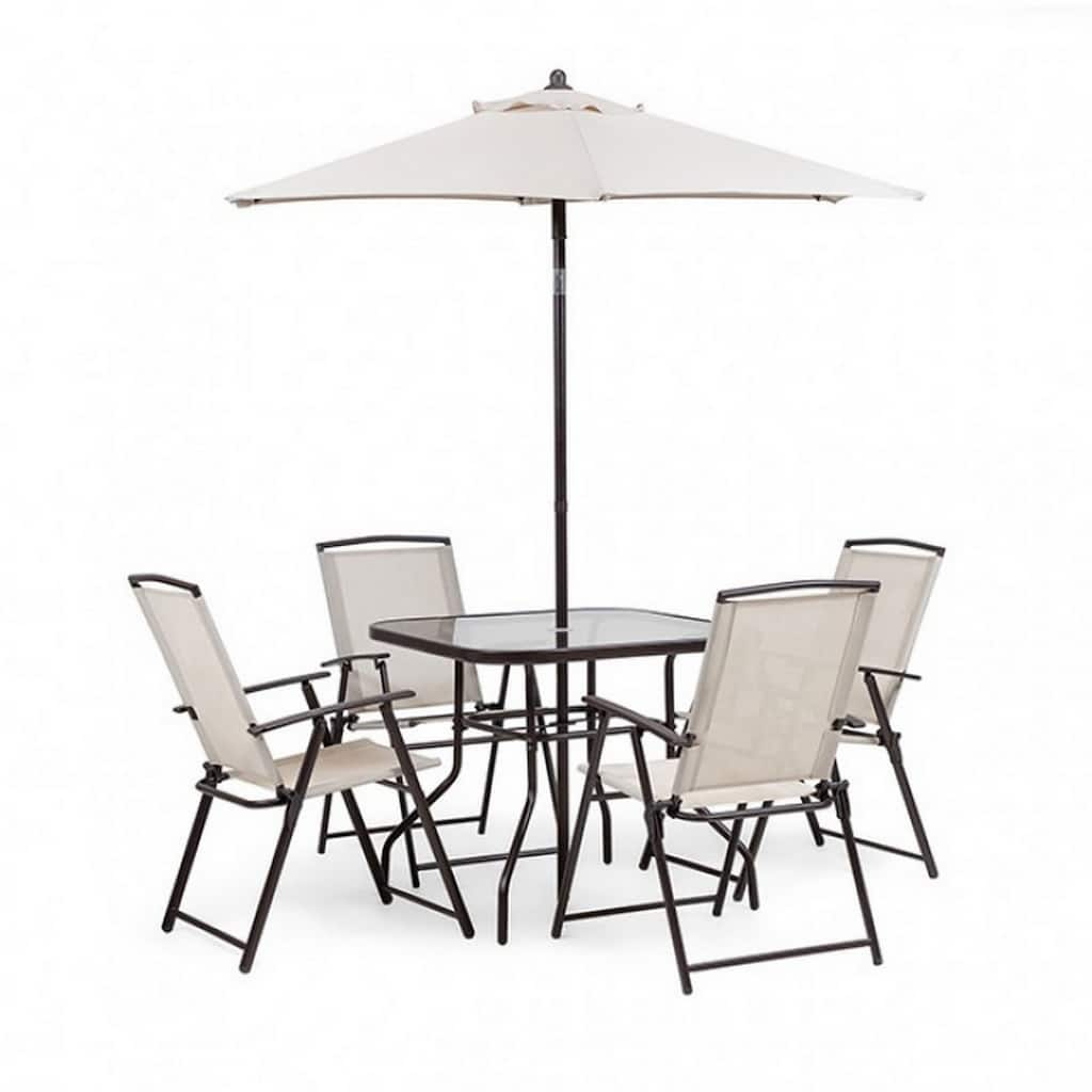 Ainy 6pc Patio Dining Table Set, 4 Folding Chairs and Umbrella, Beige