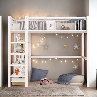 Artsy Twin Size Metal Loft Bed with 4-Tier Shelves and Storage, White