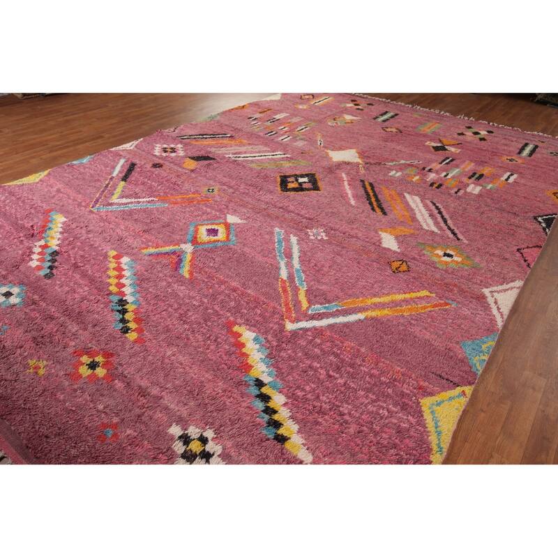 Pink Geometric Moroccan Large Area Rug Hand-Knotted Wool Carpet - 9'10" x 14'7"