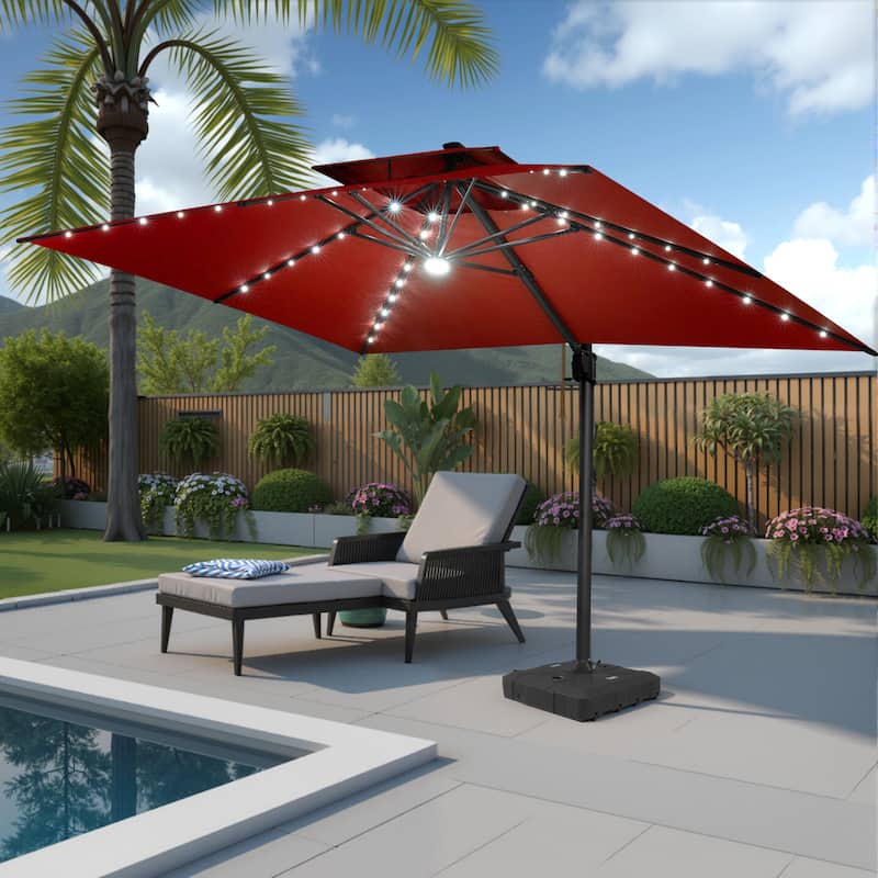 Pellebant Outdoor 10x13FT Patio Cantilever Umbrella Dual Top Lar Lighted with Wheel Base