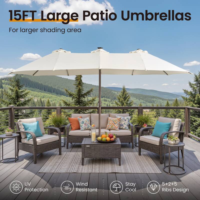 ​OVIOS 15ft Double Side Patio Outdoor Umbrella with Crank & LED Light