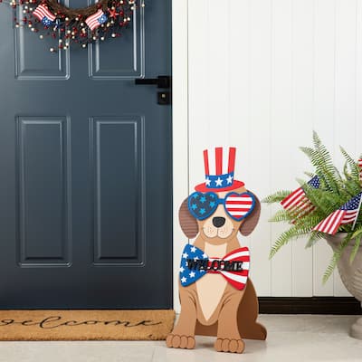 Glitzhome 30"H Patriotic 4th of July Wooden Labrador Easel Porch Sign Decor - 30 in