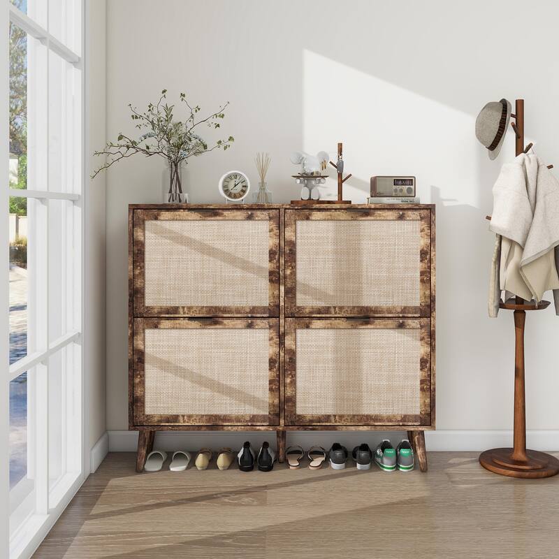 Elegant Shoe Cabinet with Double-Layer Doors,Sturdy Pine Legs and Adjustable Backplane
