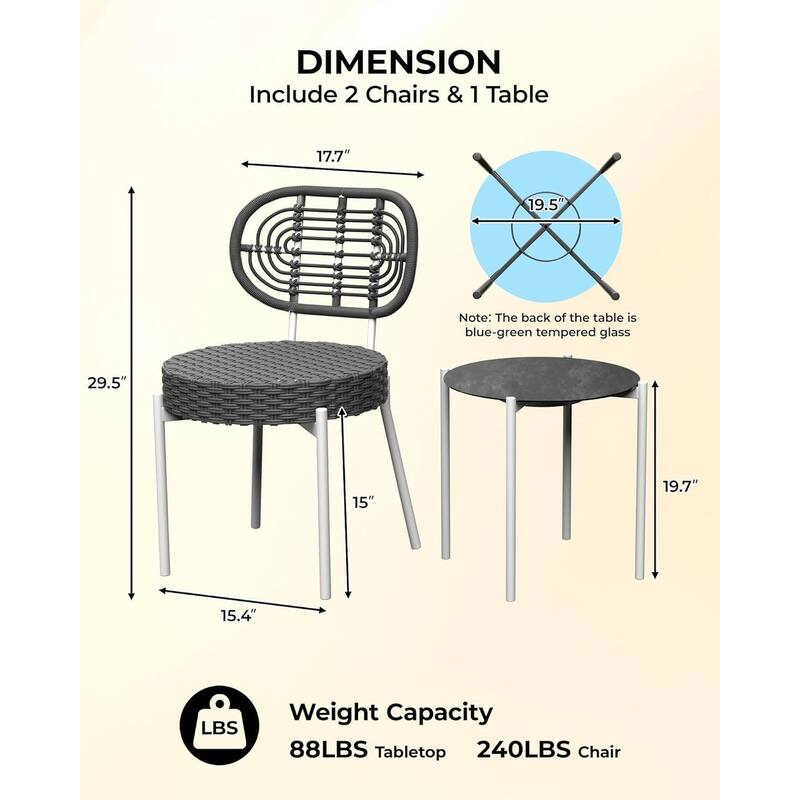 3 Piece Outdoor Bistro Set, Patio Rattan Bistro Set with Coffee Table, White Steel Frame + Grey Rattan - N/A