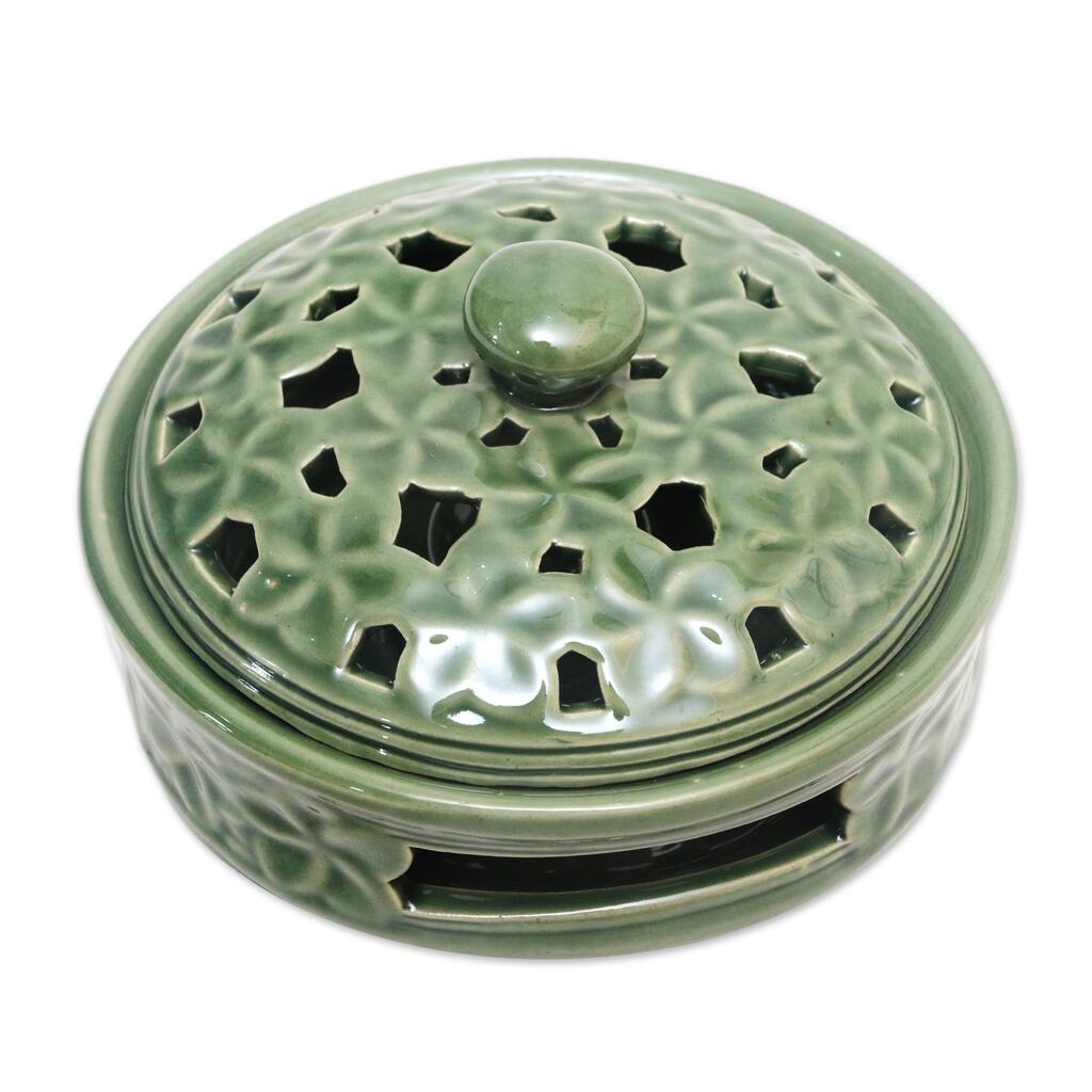 Novica Handmade Plumeria Blooms In Green Porcelain Mosquito Coil Holder