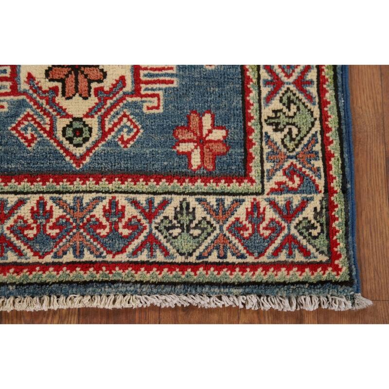 Hand Knotted Oriental 100% Wool Carpet Traditional Geometric Navy Blue & Blues Kazak Area Rug - 3' 3'' X 1' 11''