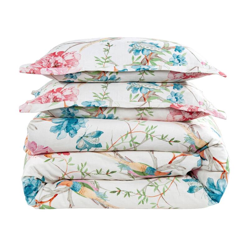 HiEnd Accents Rowan Washed Linen Watercolor Botanical Floral and Birds Design 3 Piece Duvet Cover with 2 Pillow Shams