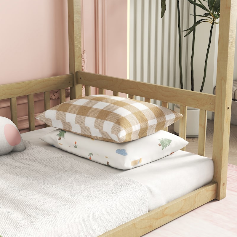 Roomfitters Twin Canopy Frame Floor Bed with Fence and Guardrails, Low Profile Platform Bed, No Box Spring Needed, Natural