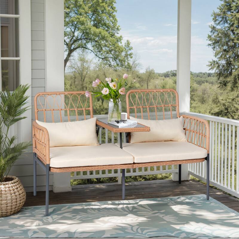 Outdoor Patio Ratten Woven Loveseat Conversation Furniture Set with Cushions - Beige