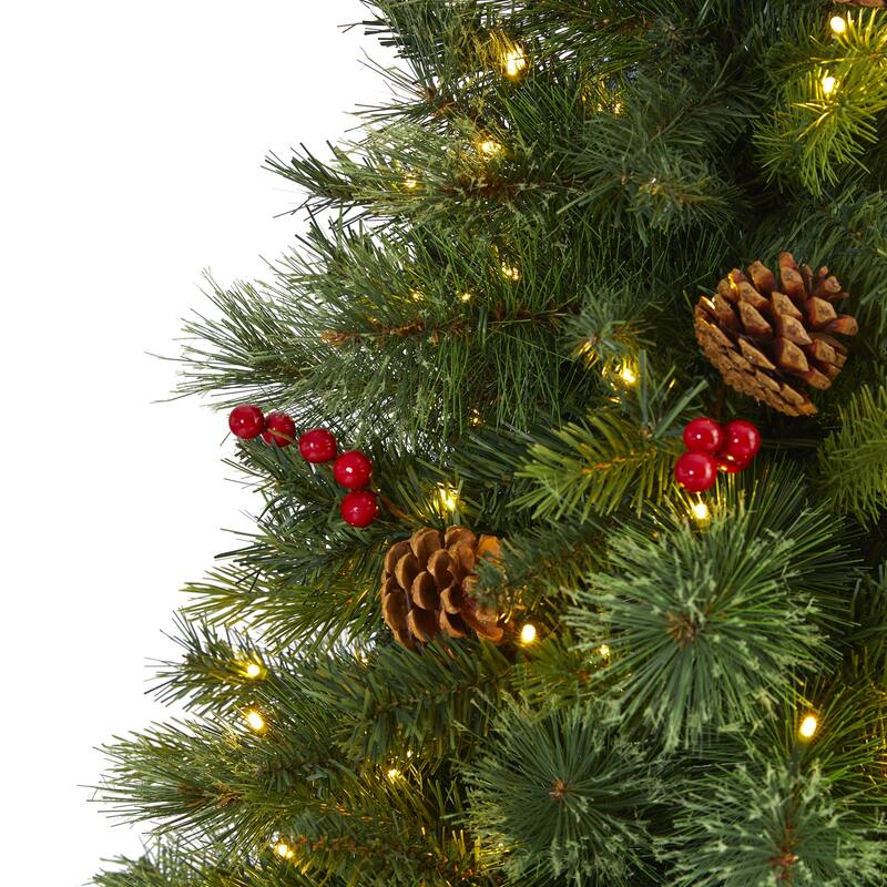 6' Aberdeen Spruce Artificial Christmas Tree with 350 Clear LED Lights, Pine Cones and Red Berries