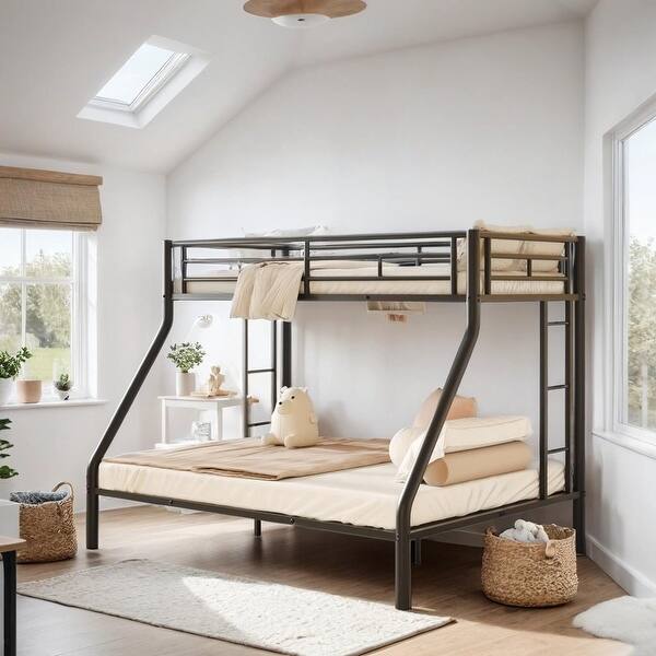 slide 2 of 11, Twin XL over Queen Metal Bunk Bed with Ladder and Guardrails, Black Black