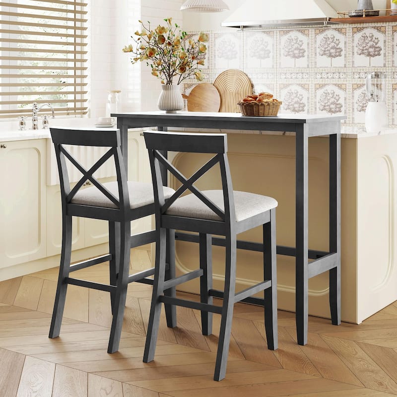 Farmhouse 48" Rectangular Wood Bar-Height Dining Set with 2 Chairs - Gray+Beige