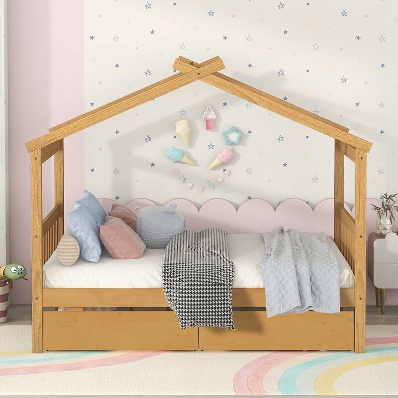 Full Size Wooden House Bed with Two Drawers