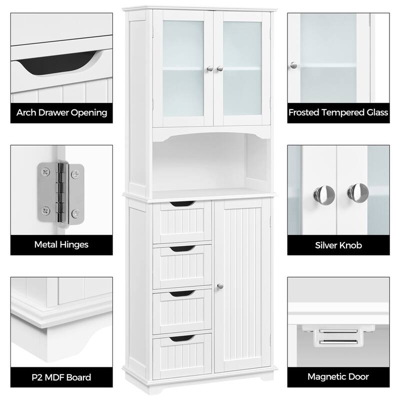 Yaheetech Bathroom Storage Cabinet Cupboard with Glass Door, White - N/A