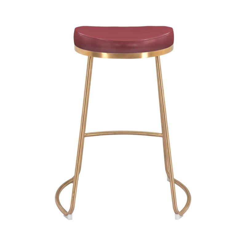 Set of 2 Modern Red and Gold Counter Height Bar Stools with Faux Leather Bucket Seats for Kitchen or Living Room