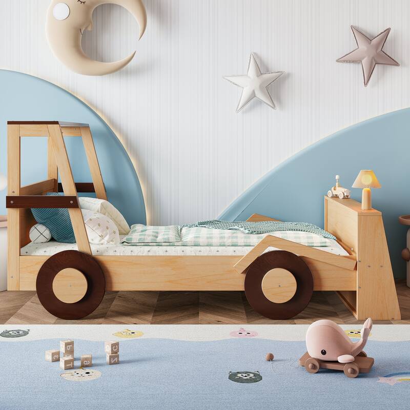 Twin Size Car Bed with Storage Shelves, Kids Platform Bed with Cute Car-shape, Childlike Design, Blue White