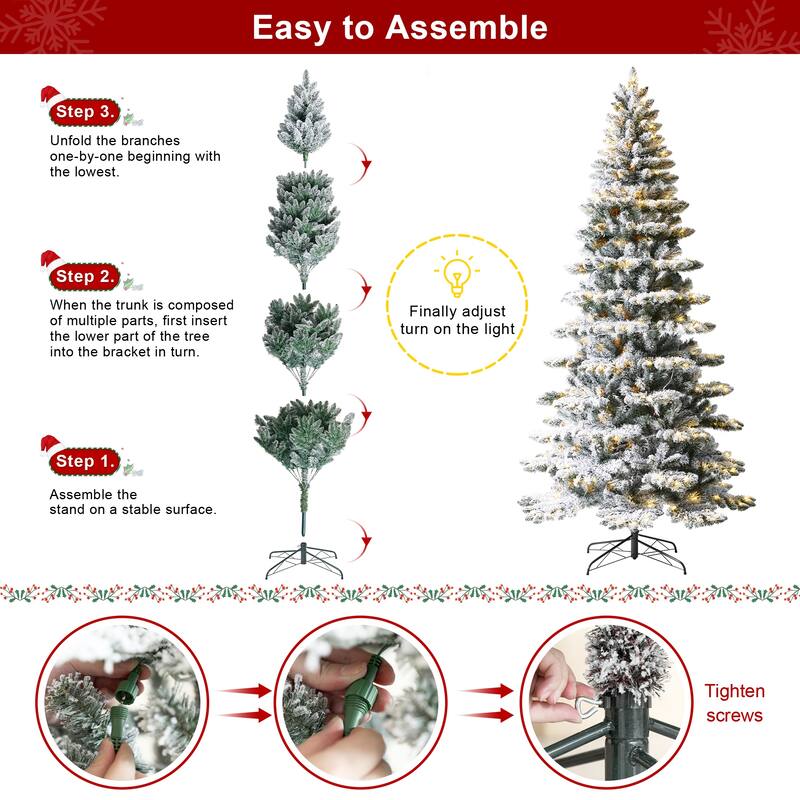Glitzhome 6FT/7.5FT/9FT Warm White or Multi-Colored Pre-Lit Flocked Pine Artificial Christmas Tree