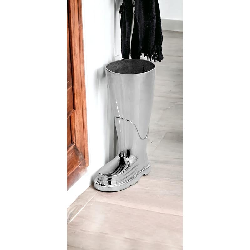 HomeRoots 16" Silver Buffed Aluminum Firefighter Boot Umbrella Stand Sculpture - 4.75' X '16' X '10.5 - 4.75' X '16' X '10.5