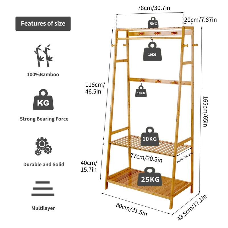 Bamboo Garment Rack Clothes Shelf Shoes Storage with Hooks