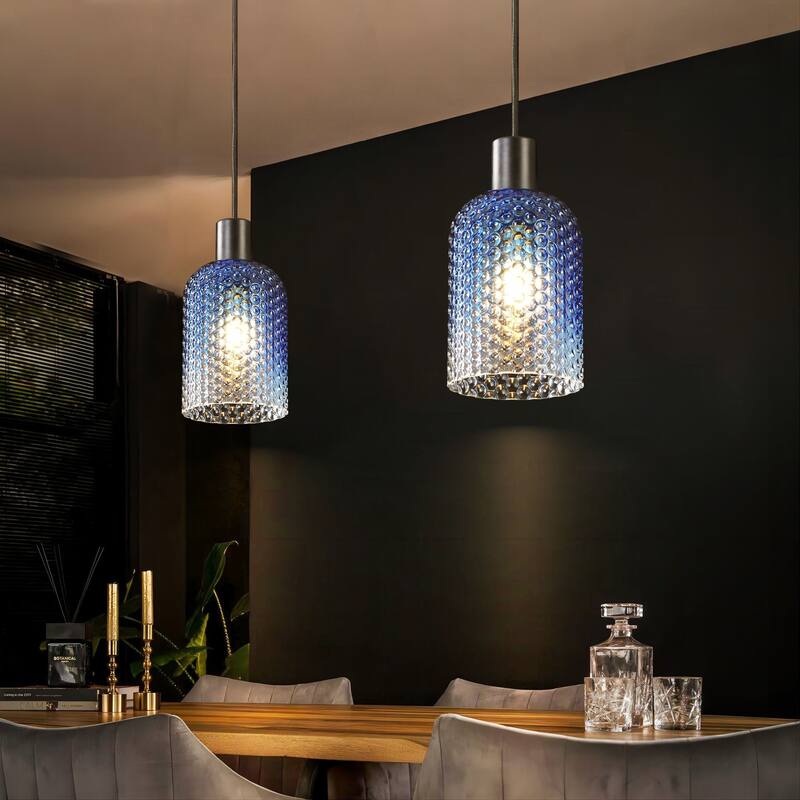 1/3-Light Modern Glam Bell-Shaped Adjustable Island Pendant Light with Clear/Blue/Amber Textured Glass